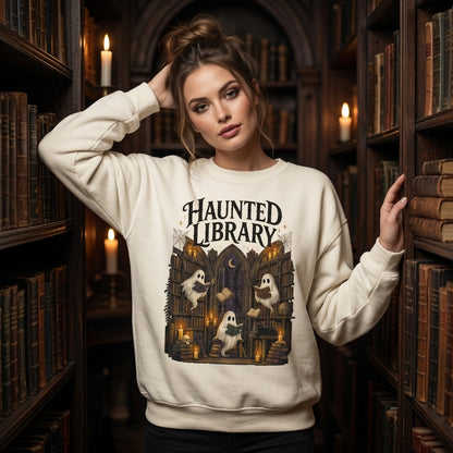 Haunted Library Ghost Reading Books T-shirt Sweatshirt Hoodie – Spooky Book Lover Gift - mockup 3