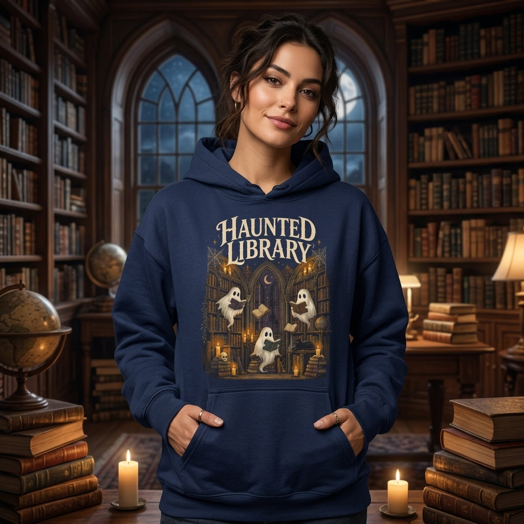 Haunted Library Ghost Reading Books T-shirt Sweatshirt Hoodie – Spooky Book Lover Gift - mockup 4