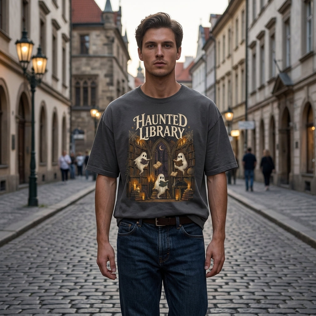 Haunted Library Ghost Reading Books T-shirt Sweatshirt Hoodie – Spooky Book Lover Gift - mockup 5