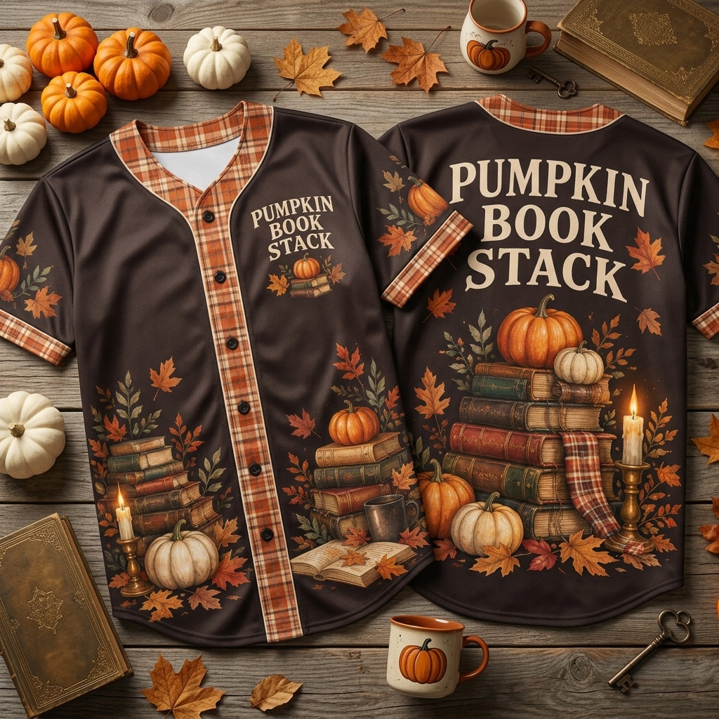 Pumpkin Book Stack Baseball Jersey - Cozy Autumn Aesthetic Fall Reading Shirt - mockup 1