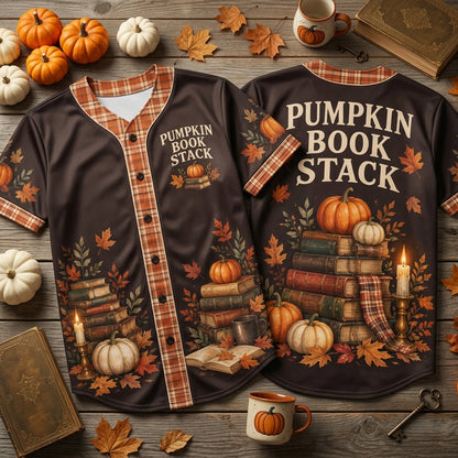 Pumpkin Book Stack Baseball Jersey - Cozy Autumn Aesthetic Fall Reading Shirt - mockup 1