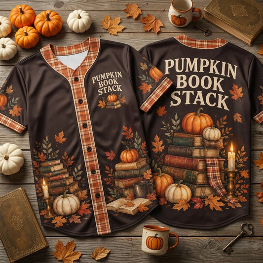 Pumpkin Book Stack Baseball Jersey - Cozy Autumn Aesthetic Fall Reading Shirt - mockup 1