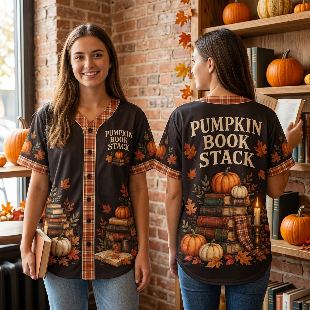 Pumpkin Book Stack Baseball Jersey - Cozy Autumn Aesthetic Fall Reading Shirt - mockup 2