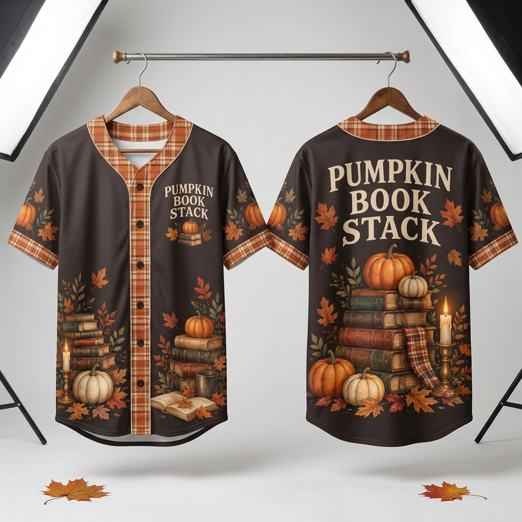 Pumpkin Book Stack Baseball Jersey - Cozy Autumn Aesthetic Fall Reading Shirt - mockup 3