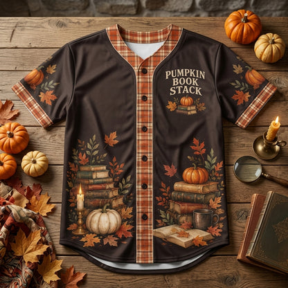 Pumpkin Book Stack Baseball Jersey - Cozy Autumn Aesthetic Fall Reading Shirt - mockup 4