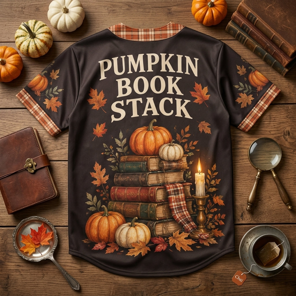 Pumpkin Book Stack Baseball Jersey - Cozy Autumn Aesthetic Fall Reading Shirt - mockup 5