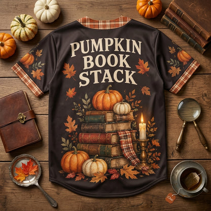 Pumpkin Book Stack Baseball Jersey - Cozy Autumn Aesthetic Fall Reading Shirt - mockup 5
