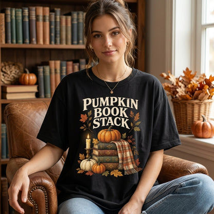 Pumpkin Book Stack T-shirt Sweatshirt Hoodie - Cozy Fall Gift for Book Lovers - mockup 1