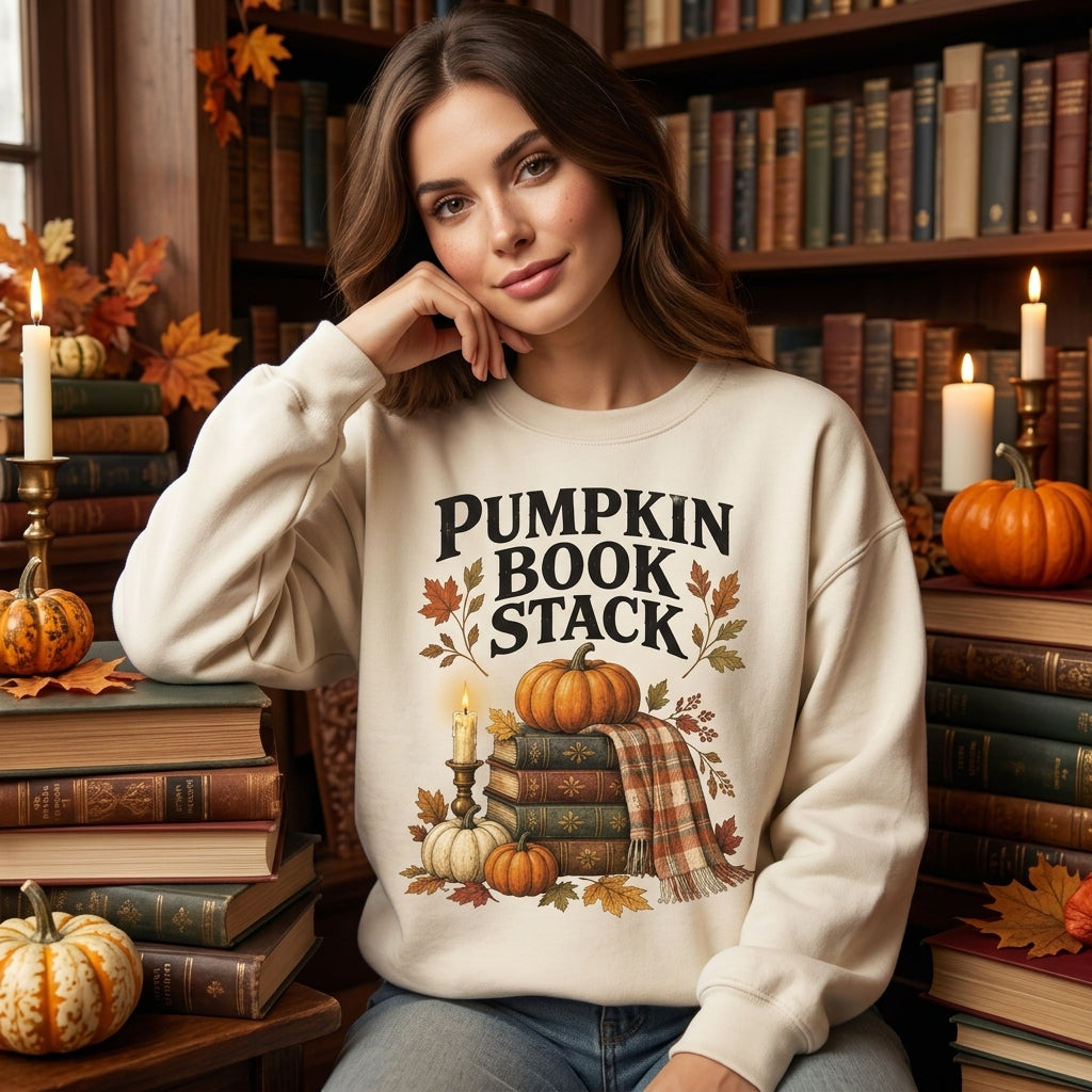 Pumpkin Book Stack T-shirt Sweatshirt Hoodie - Cozy Fall Gift for Book Lovers - mockup 3
