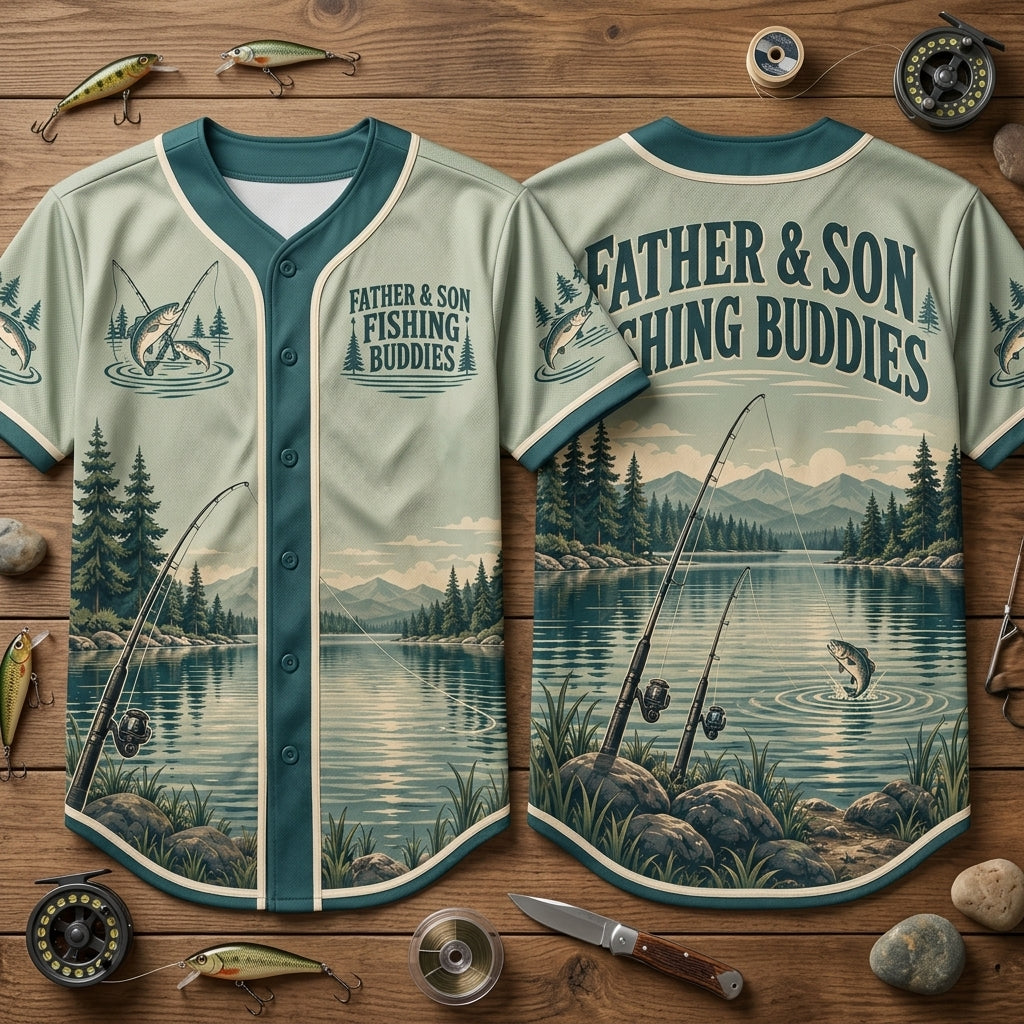 Father Son Fishing Buddies Scenic Lake Baseball Jersey – Perfect Gift for Dad - mockup 1