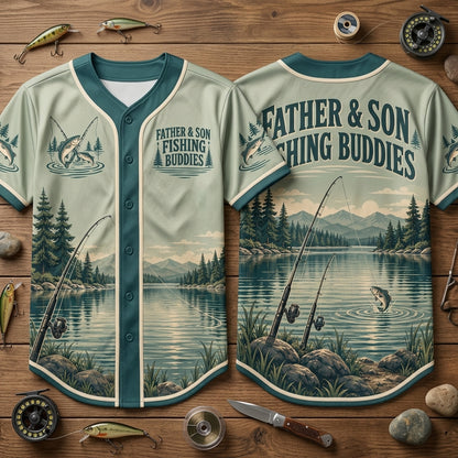 Father Son Fishing Buddies Scenic Lake Baseball Jersey – Perfect Gift for Dad - mockup 1