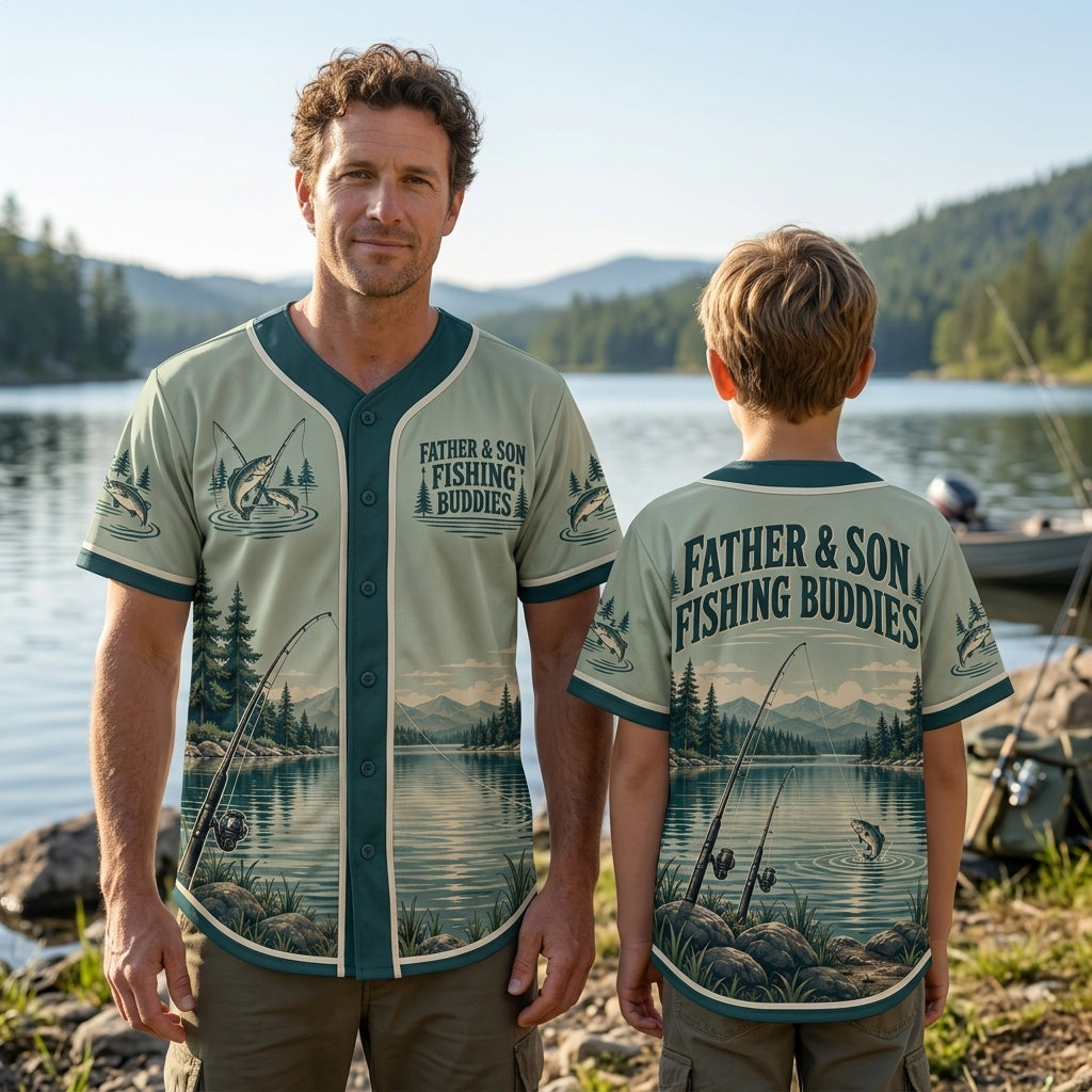 Father Son Fishing Buddies Scenic Lake Baseball Jersey – Perfect Gift for Dad - mockup 2