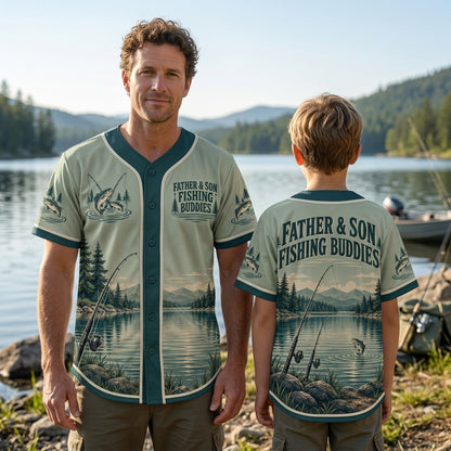 Father Son Fishing Buddies Scenic Lake Baseball Jersey – Perfect Gift for Dad - mockup 2