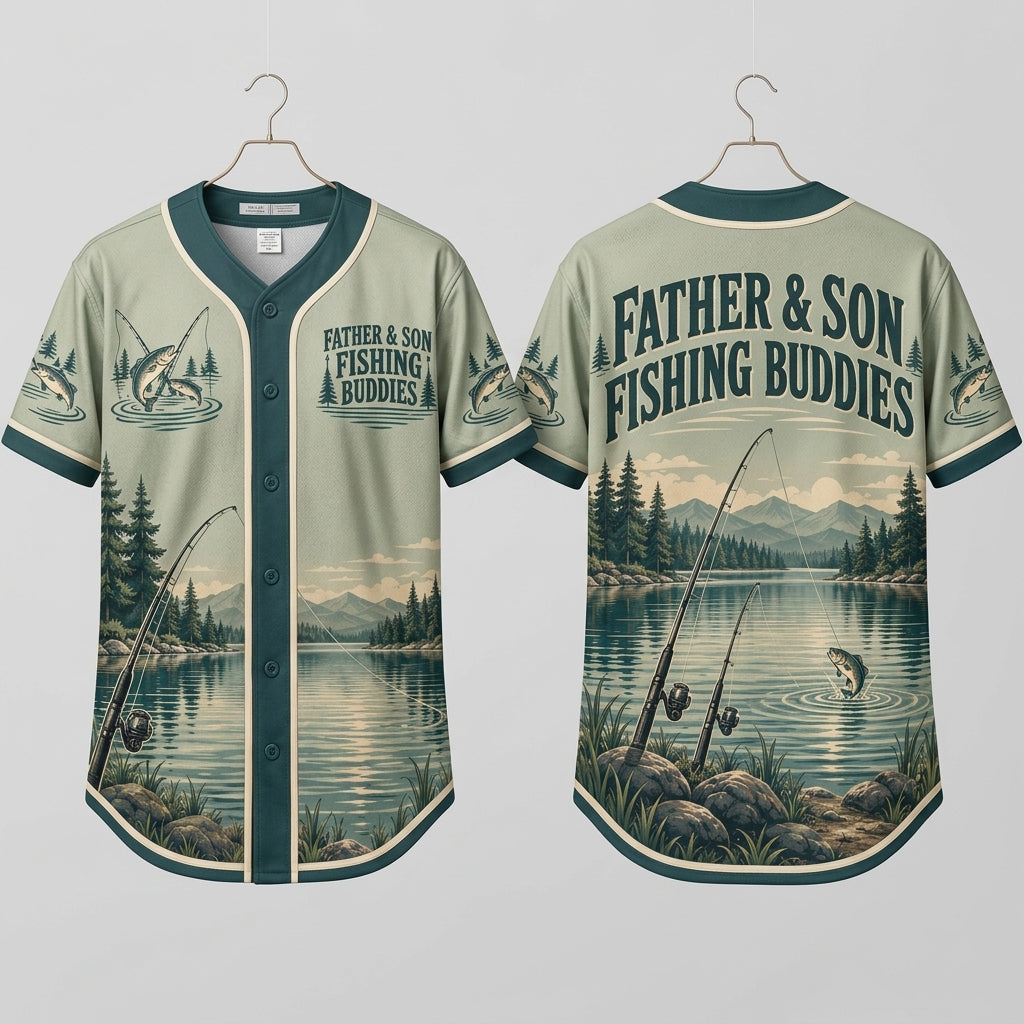 Father Son Fishing Buddies Scenic Lake Baseball Jersey – Perfect Gift for Dad - mockup 3