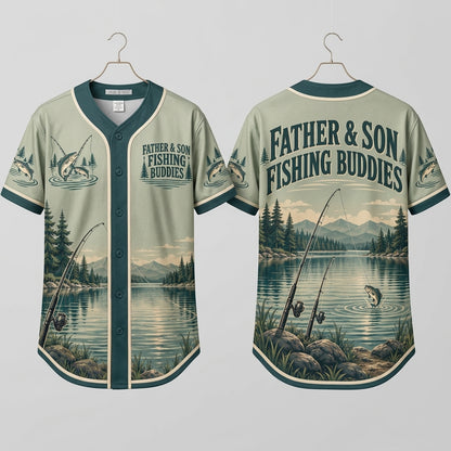 Father Son Fishing Buddies Scenic Lake Baseball Jersey – Perfect Gift for Dad - mockup 3