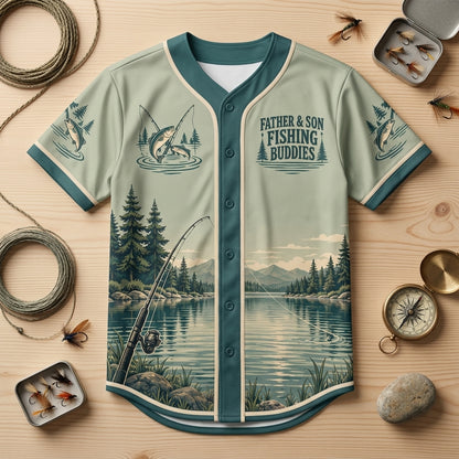 Father Son Fishing Buddies Scenic Lake Baseball Jersey – Perfect Gift for Dad - mockup 4