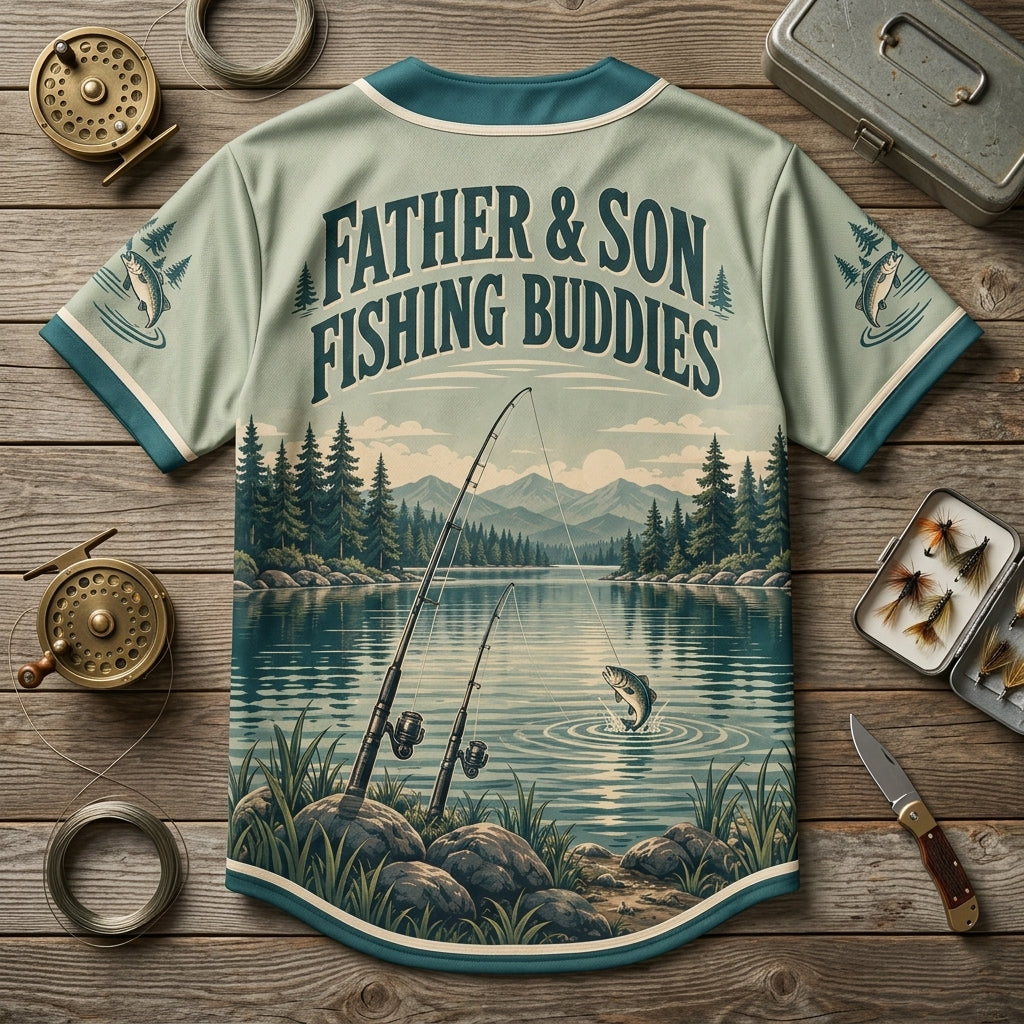 Father Son Fishing Buddies Scenic Lake Baseball Jersey – Perfect Gift for Dad - mockup 5