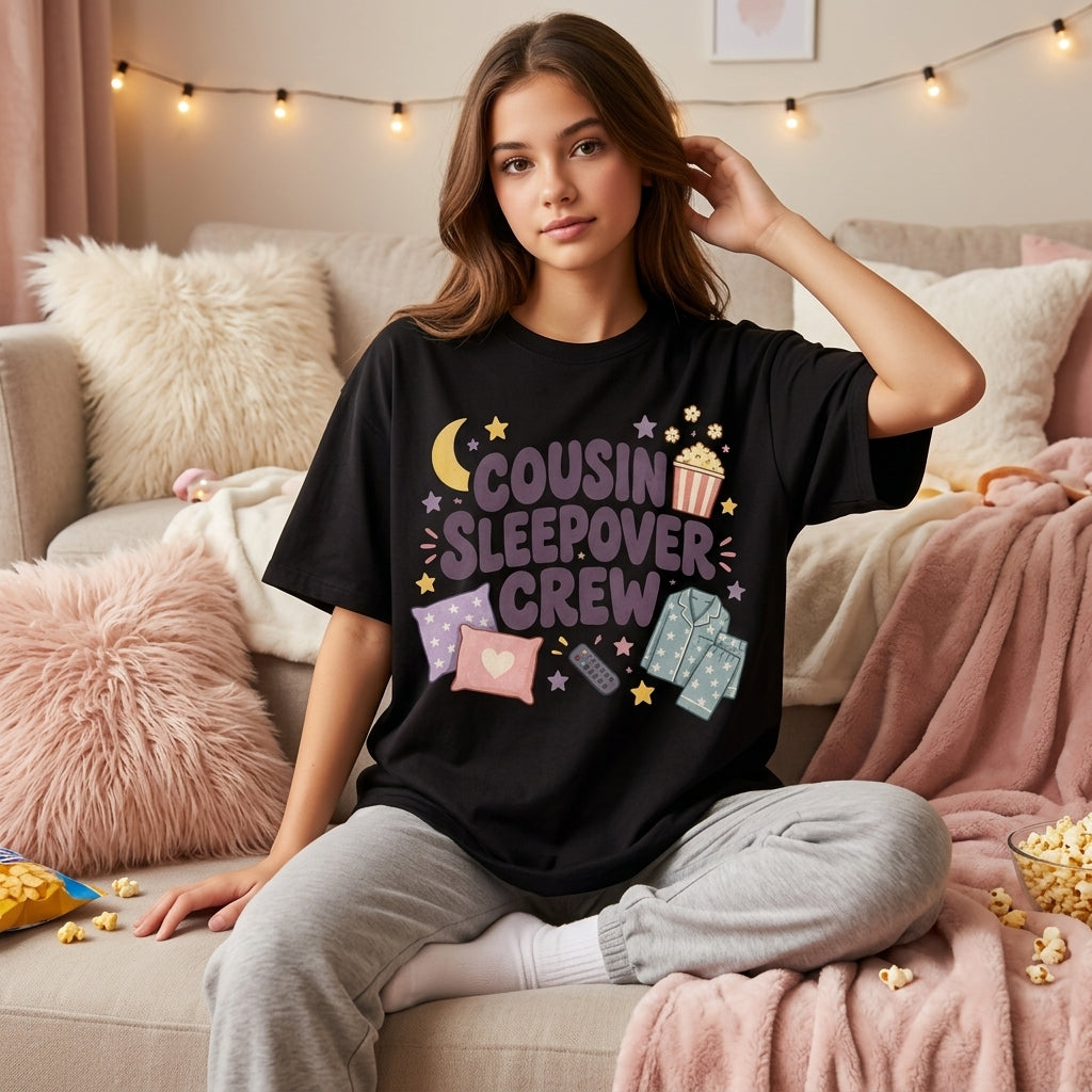 Cousin Sleepover Crew Retro Graphic T-shirt Sweatshirt Hoodie – Family Pajama Party Gift - mockup 1