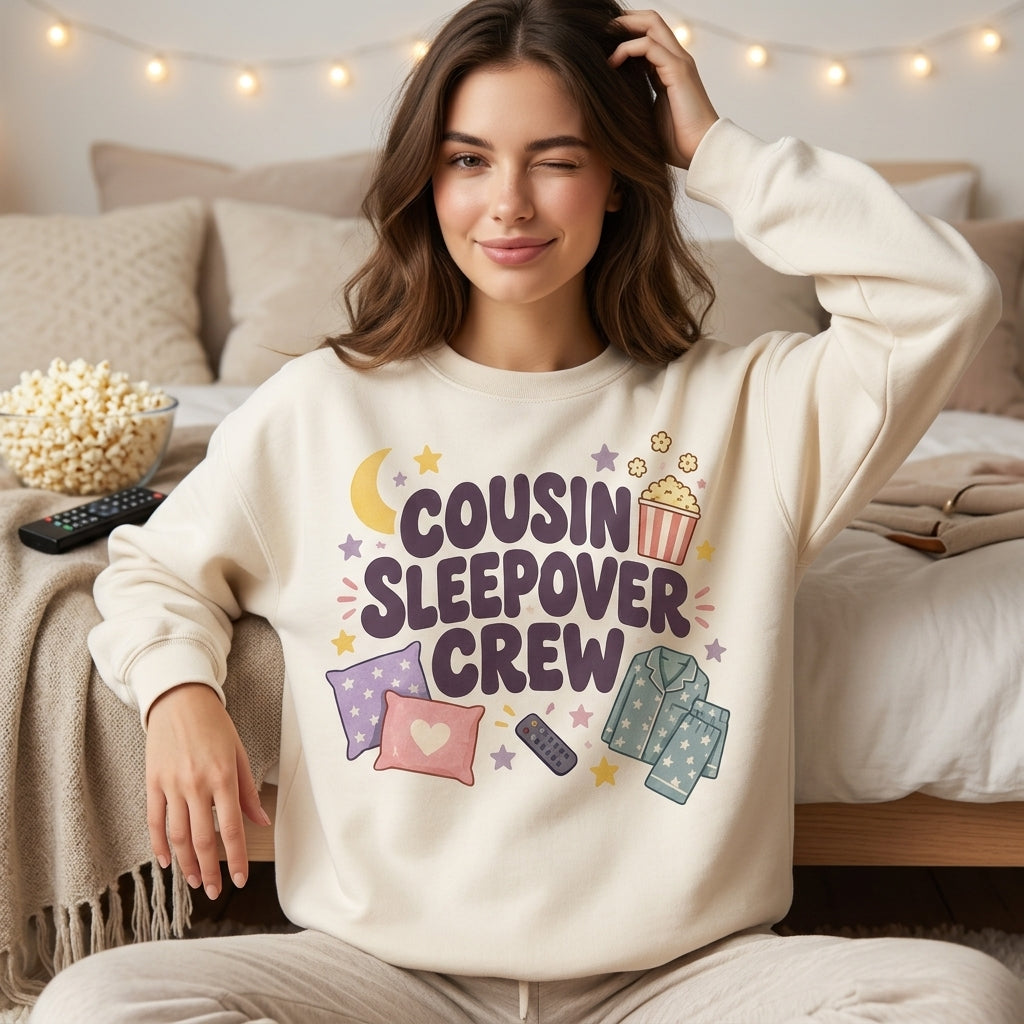 Cousin Sleepover Crew Retro Graphic T-shirt Sweatshirt Hoodie – Family Pajama Party Gift - mockup 3