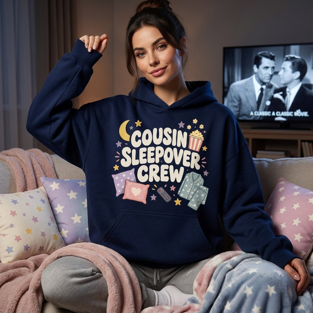 Cousin Sleepover Crew Retro Graphic T-shirt Sweatshirt Hoodie – Family Pajama Party Gift - mockup 4