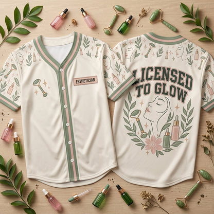 Licensed to Glow Esthetician Baseball Jersey - Skincare Professional & Spa Uniform - mockup 1