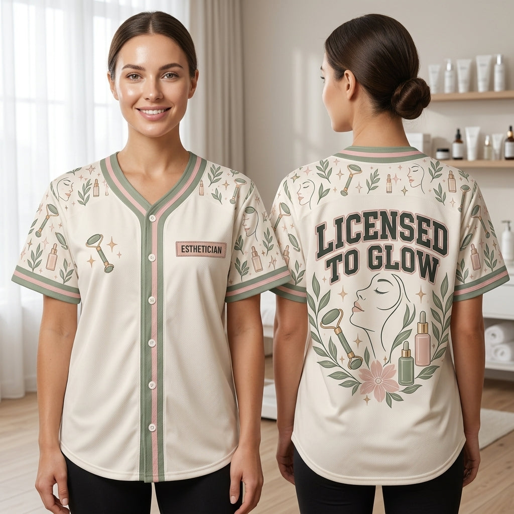 Licensed to Glow Esthetician Baseball Jersey - Skincare Professional & Spa Uniform - mockup 2