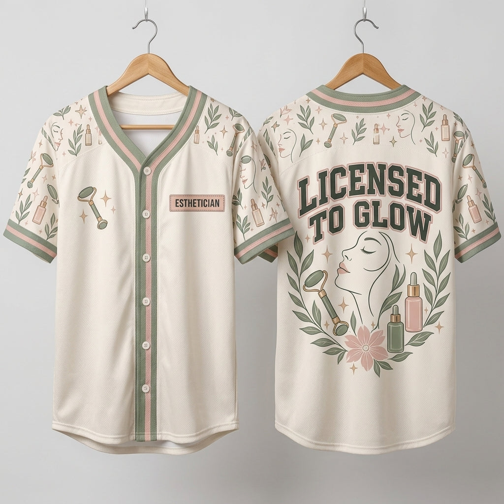 Licensed to Glow Esthetician Baseball Jersey - Skincare Professional & Spa Uniform - mockup 3