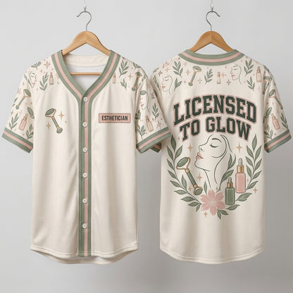 Licensed to Glow Esthetician Baseball Jersey - Skincare Professional & Spa Uniform - mockup 3