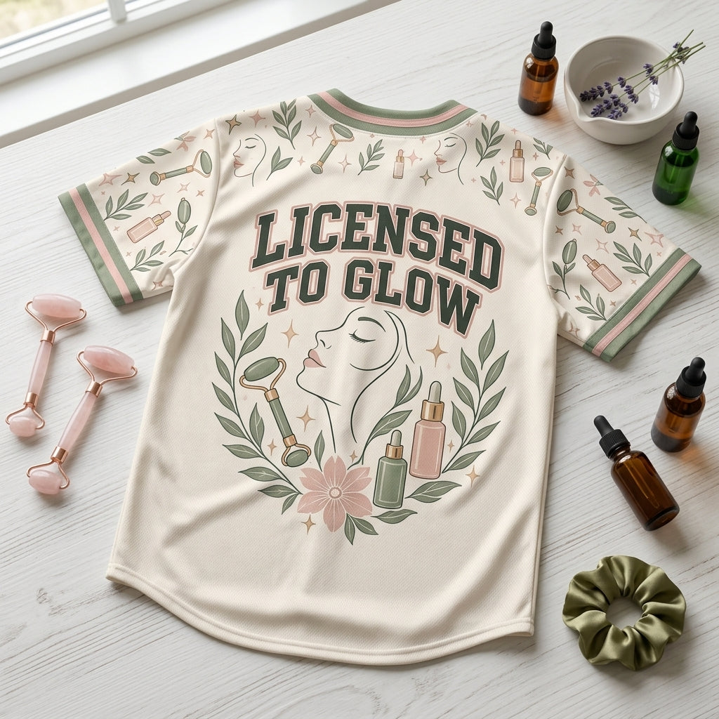 Licensed to Glow Esthetician Baseball Jersey - Skincare Professional & Spa Uniform - mockup 5