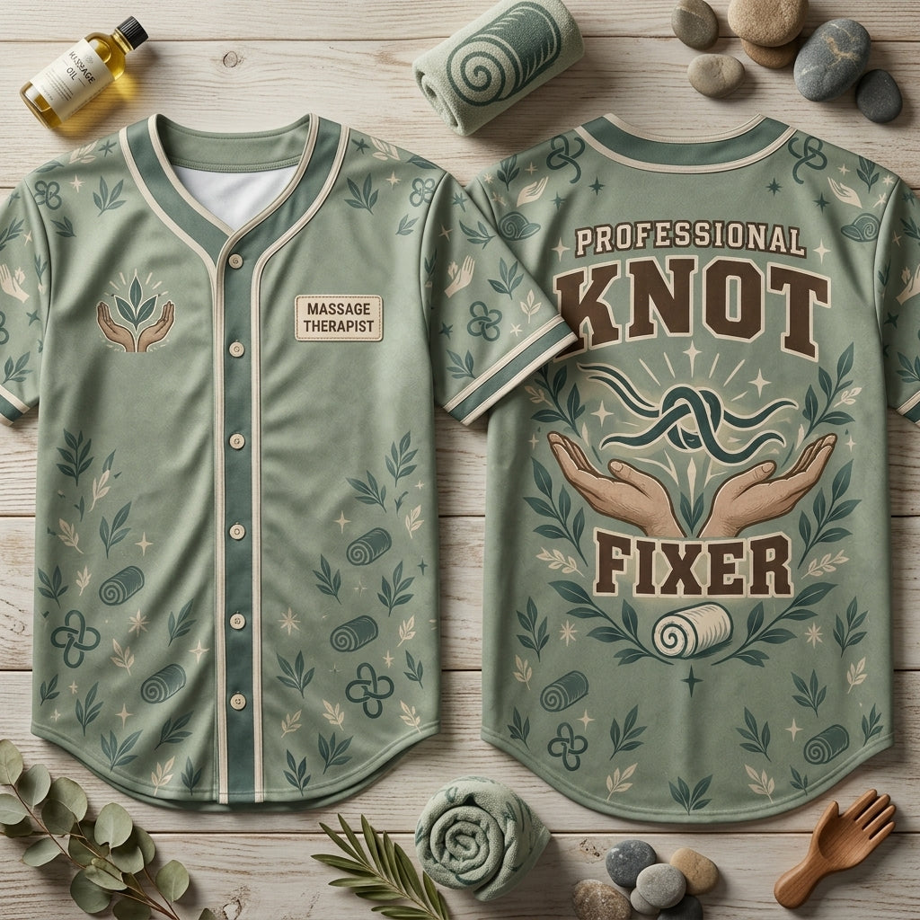 Professional Knot Fixer Massage Therapist Baseball Jersey - Sage Green Athletic Shirt - mockup 1
