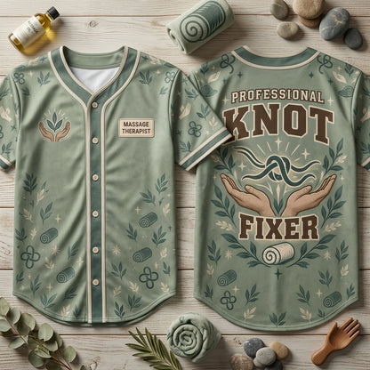 Professional Knot Fixer Massage Therapist Baseball Jersey - Sage Green Athletic Shirt - mockup 1