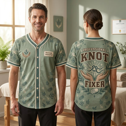 Professional Knot Fixer Massage Therapist Baseball Jersey - Sage Green Athletic Shirt - mockup 2