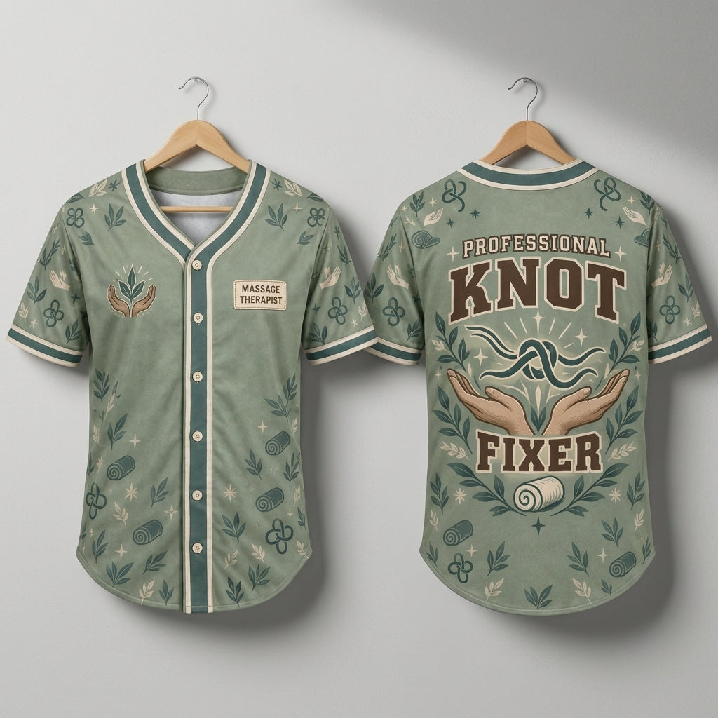 Professional Knot Fixer Massage Therapist Baseball Jersey - Sage Green Athletic Shirt - mockup 3