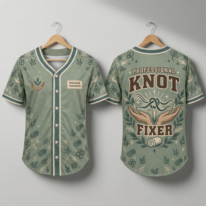 Professional Knot Fixer Massage Therapist Baseball Jersey - Sage Green Athletic Shirt - mockup 3