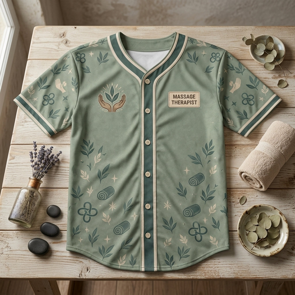 Professional Knot Fixer Massage Therapist Baseball Jersey - Sage Green Athletic Shirt - mockup 4