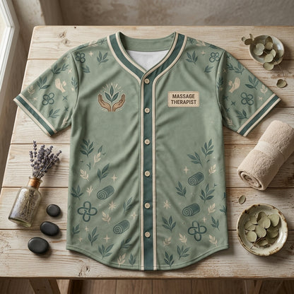Professional Knot Fixer Massage Therapist Baseball Jersey - Sage Green Athletic Shirt - mockup 4