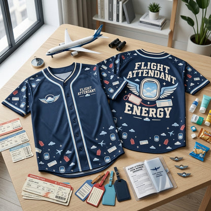 Flight Attendant Energy Navy Blue Aviation Baseball Jersey – Travel Crew Gift - mockup 1