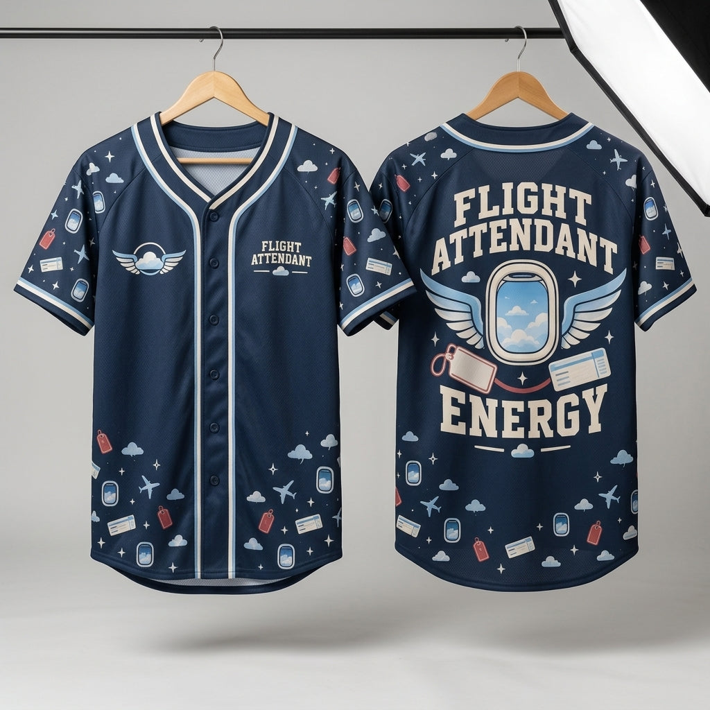 Flight Attendant Energy Navy Blue Aviation Baseball Jersey – Travel Crew Gift - mockup 3