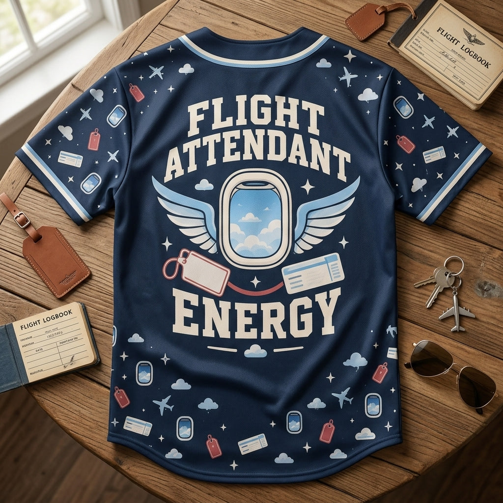 Flight Attendant Energy Navy Blue Aviation Baseball Jersey – Travel Crew Gift - mockup 5