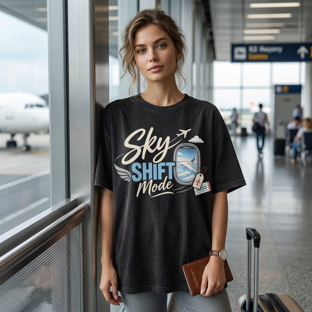 Sky Shift Mode Flight Attendant T-shirt Sweatshirt Hoodie – Aviation Crew Gift - mockup 1