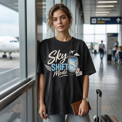 Sky Shift Mode Flight Attendant T-shirt Sweatshirt Hoodie – Aviation Crew Gift - mockup 1