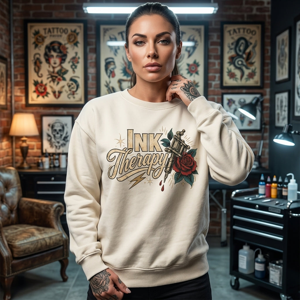 Ink Therapy Tattoo Artist T-shirt Sweatshirt Hoodie - Vintage Tattoo Machine Gift - mockup 3