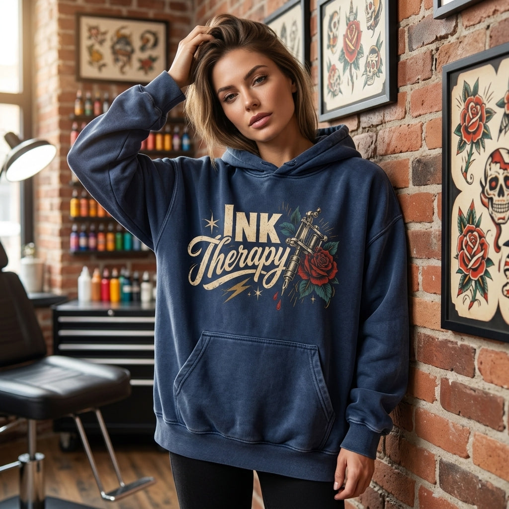 Ink Therapy Tattoo Artist T-shirt Sweatshirt Hoodie - Vintage Tattoo Machine Gift - mockup 4
