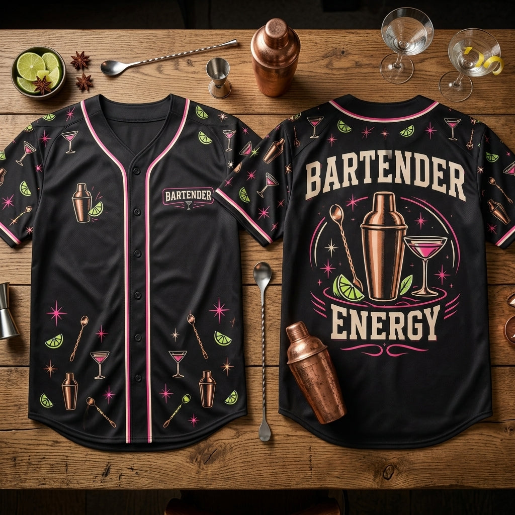 Bartender Energy Cocktail Pattern Baseball Jersey – Professional Mixologist Gift - mockup 1