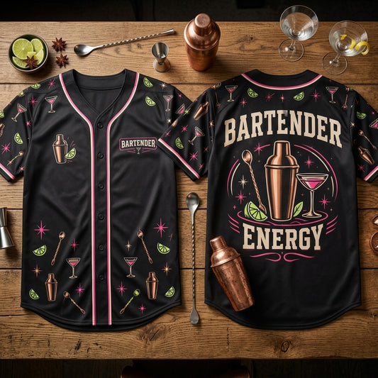 Bartender Energy Cocktail Pattern Baseball Jersey – Professional Mixologist Gift - mockup 1