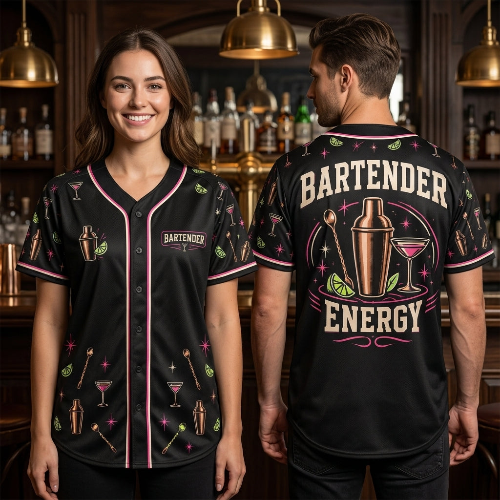 Bartender Energy Cocktail Pattern Baseball Jersey – Professional Mixologist Gift - mockup 2