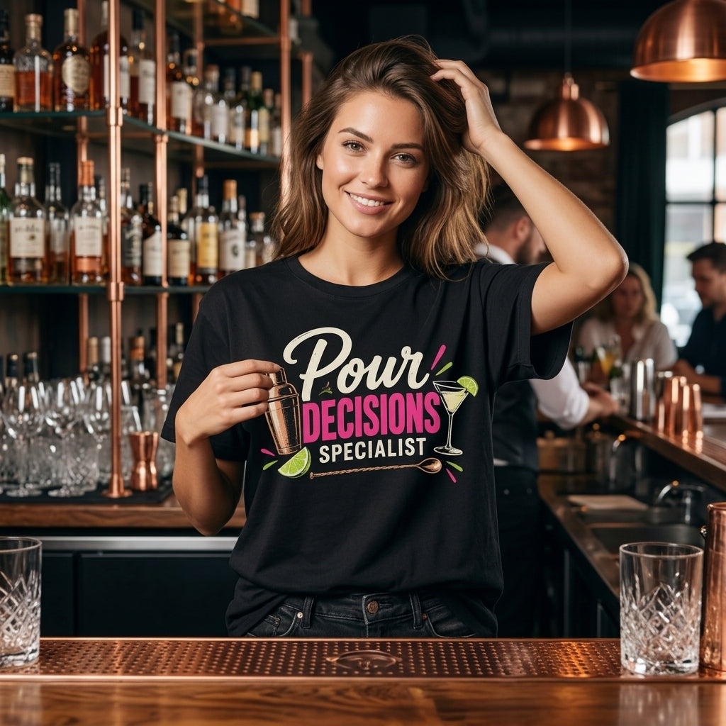 Pour Decisions Specialist Bartender T-shirt Sweatshirt Hoodie – Funny Cocktail Gift - mockup 1
