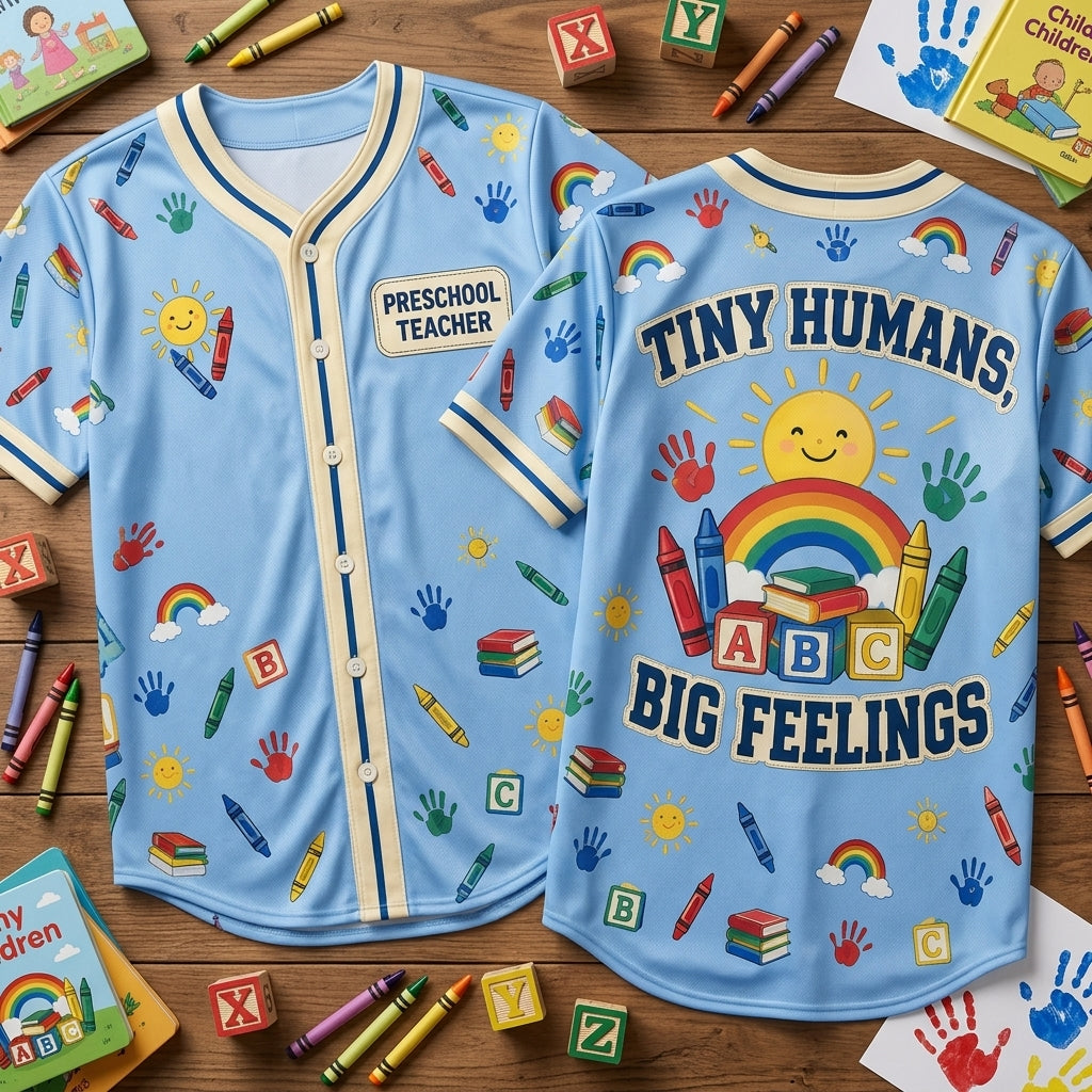 Preschool Teacher Tiny Humans Big Feelings Baseball Jersey - Cute Educator Gift - mockup 1