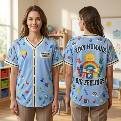 Preschool Teacher Tiny Humans Big Feelings Baseball Jersey - Cute Educator Gift - mockup 2