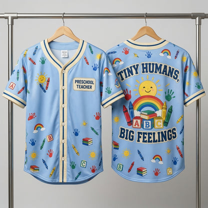Preschool Teacher Tiny Humans Big Feelings Baseball Jersey - Cute Educator Gift - mockup 3